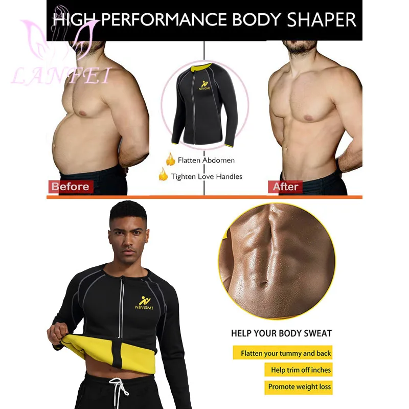 LANFEI Men Sports Slimming Shirt Weight Loss Neoprene Sauna Sweat Vest Suit Waist Trainer Body Shaper Tank Top with Long Sleeve