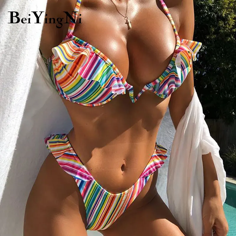

Beiyingni V-neck Bikini Sets Womens Dots Print Swimwear Female Beach Bandage Swimming Suits Summer Patchwork 2021 Two-piece Suit