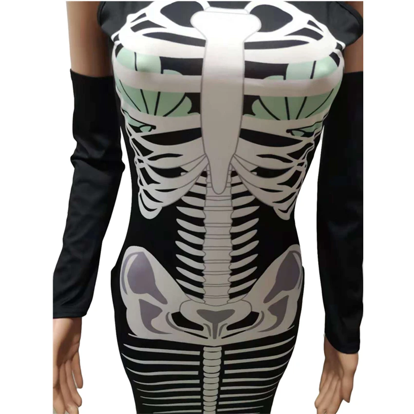 Halloween Scary Costumes for Woman Mermaid Skeleton Printed Sleeveless Cosplay Dress Party Horror Ghost Bodycon Long Dress