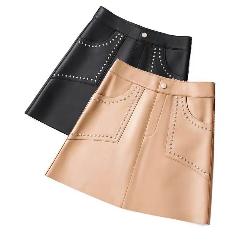 Fire short skirt 2021 autumn winter new sheepskin Genuine leather skirt high waist female A-line harajuku fashion clothing woman