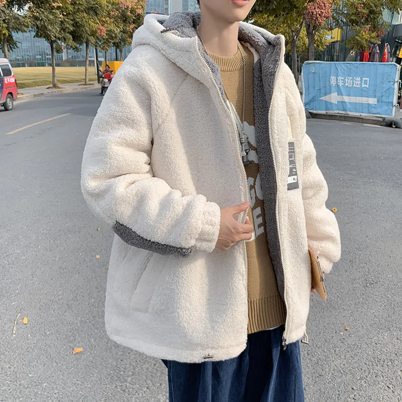 Men's fashion imitation lamb velvet jacket winter Korean trend plus velvet thick ins cotton clothing Harajuku men's clothing