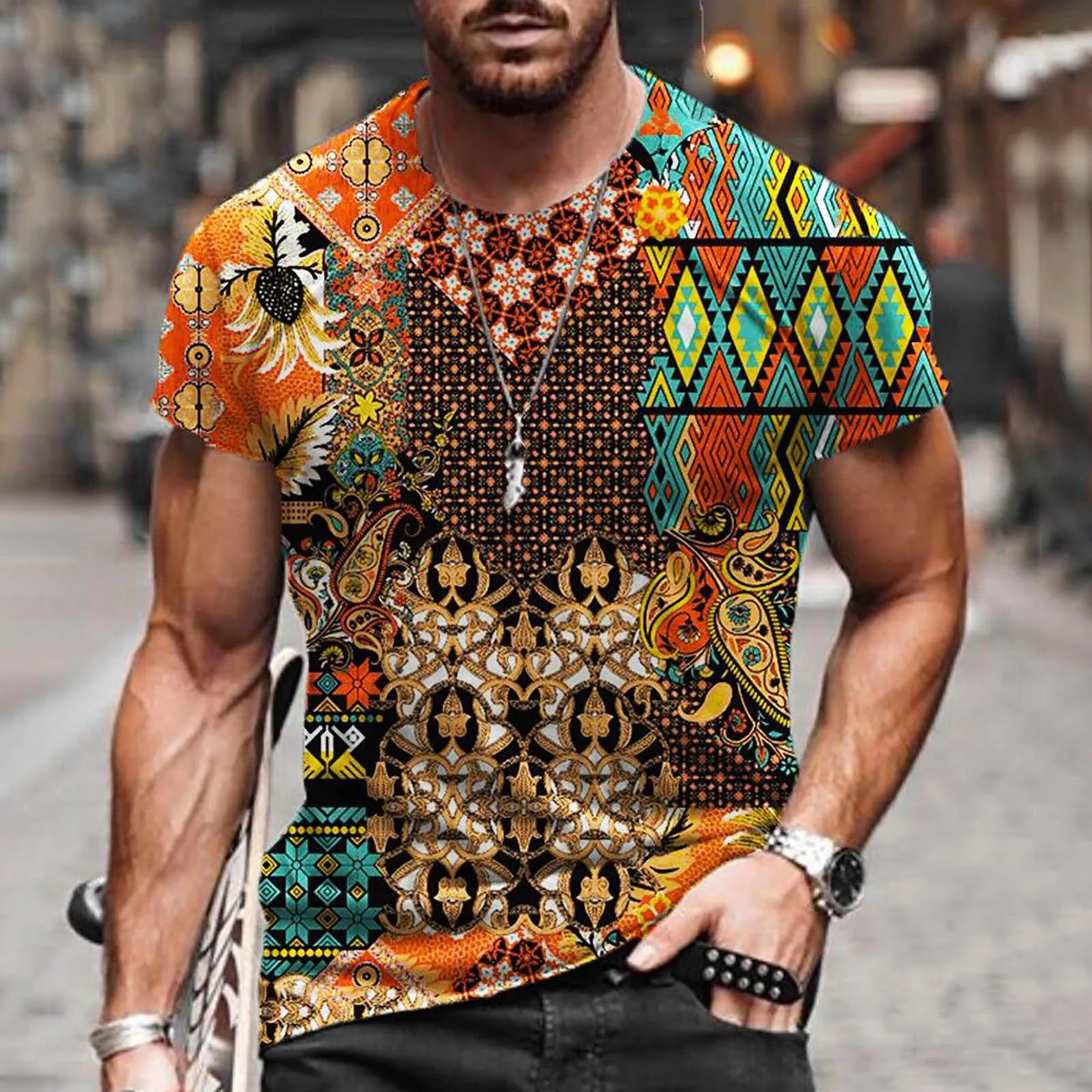 

Men's Tops Vintage Ethnic Printed Short Sleeve T-Shirts y2k Harajuku Summer Fashion O Collar Retro Male t-shirt Streetwear 2021