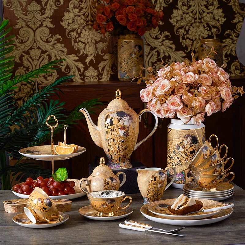 

Luxury Golden Ceramic Bone China Coffee Cup and saucer 15pcs Coffee Cup Set Tea Set Cakestand Drinkware