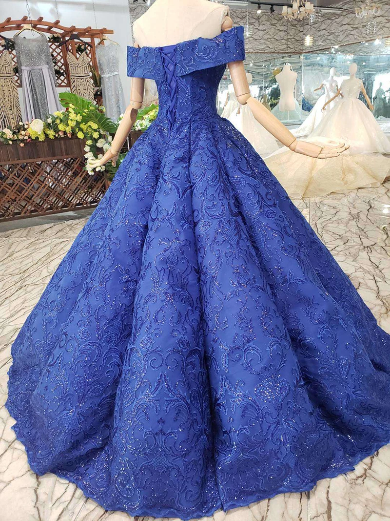 BGW 3216ht Swollen Blue Prom Dresses 2019 Off The Shoulder Sweetheart Corset Floor Length Ball Gown Evening Dress Lace Up Back