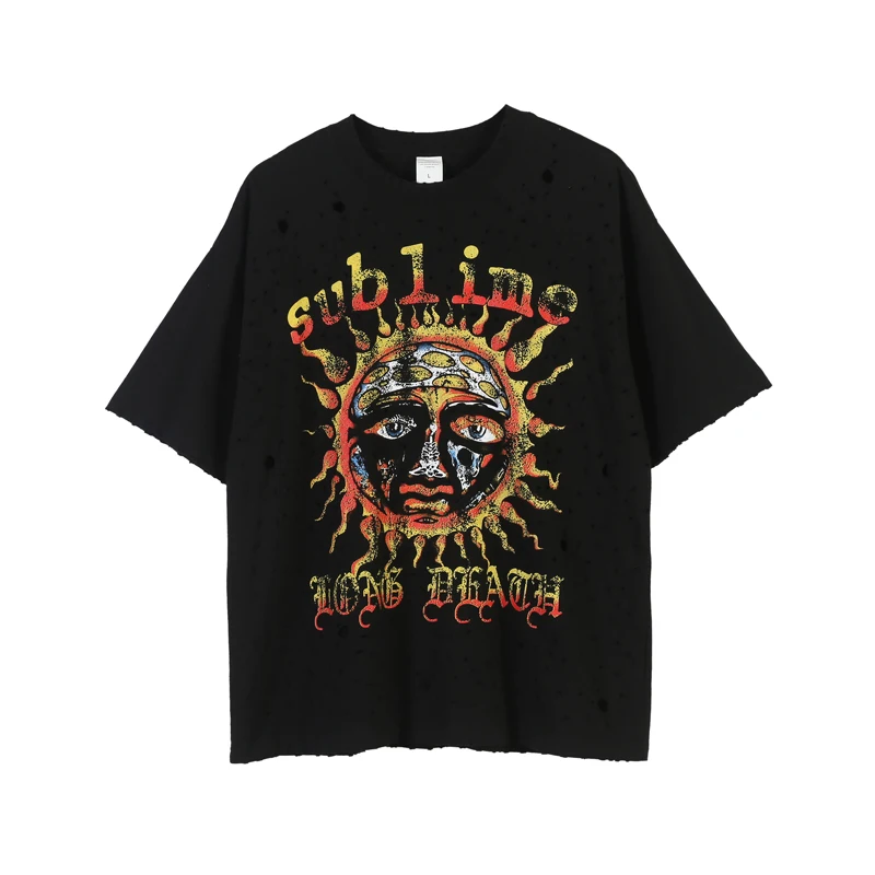 Мужская футболка в стиле хип хоп уличная из чистого хлопка ретро с потертостями и