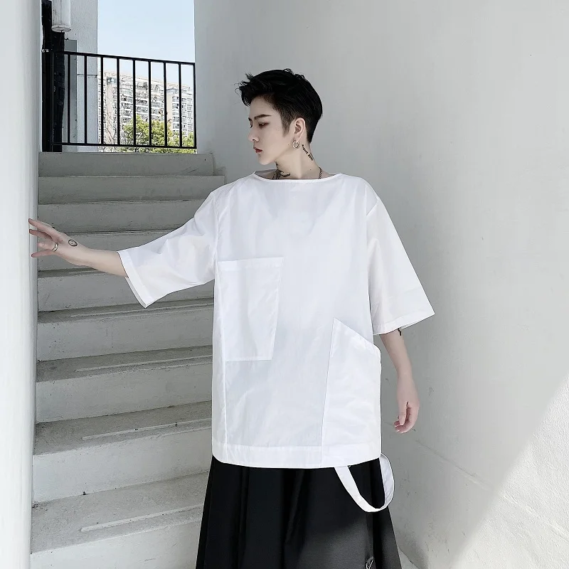 

Men Irregular Pocket Short Sleeve Casual Pullover Tee Shirt Male Women Japan Streetstyle Loose T-shirt
