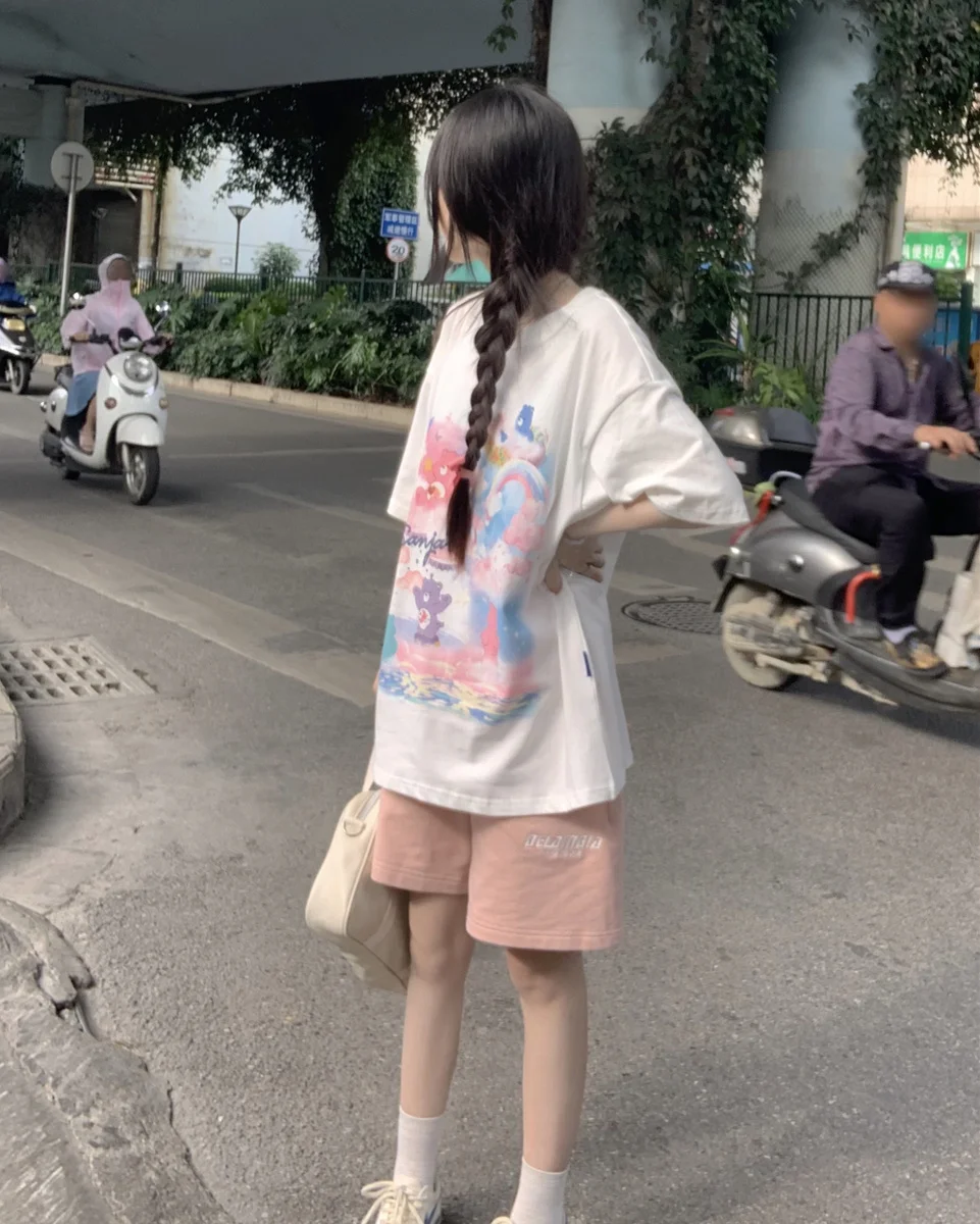 Женская Корейская футболка с мультяшным принтом свободная круглым вырезом