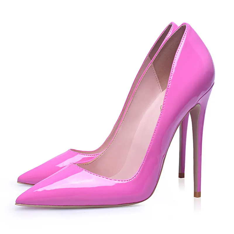 Hot Pink 12cm heel GENSHUO/Женская обувь на тонком высоком каблуке-шпильке с острым носком из лакированной кожи большие размеры 12 брендовые свадебные туфли-лодочки Белый шпилька Неглубокие насосы для вечеринки каблуки лодочки туфли - Цвет: Hot Pink 12cm heel