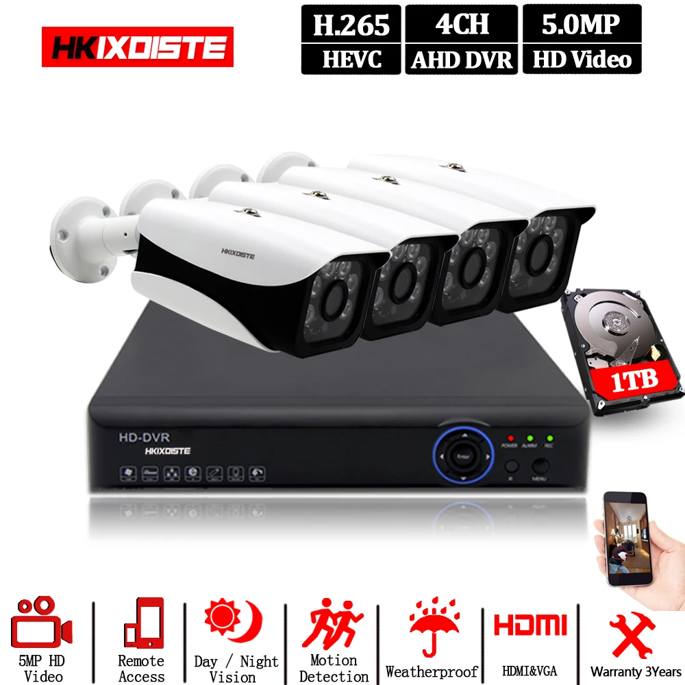 HKIXDISTE H.265 4CH DVR система видеонаблюдения 4-канальная 5 0 Мп ИК Наружные камеры