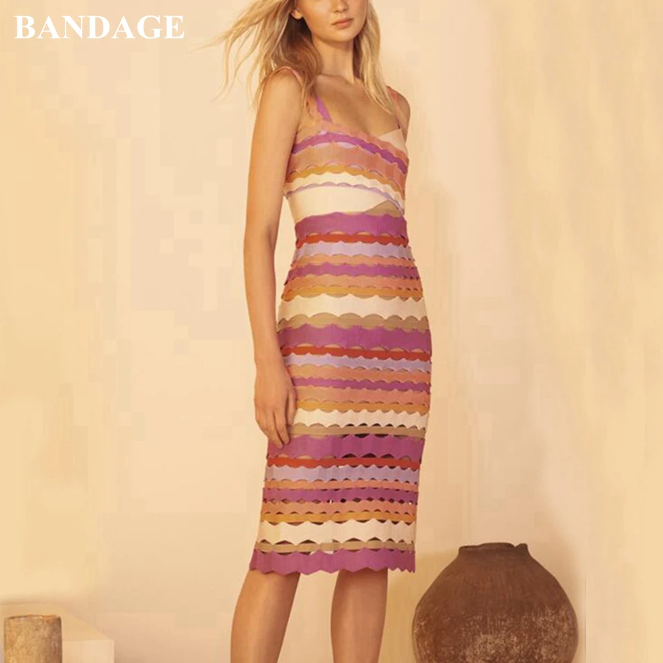 Женское облегающее платье из вискозы Радужное миди на бретелях спагетти