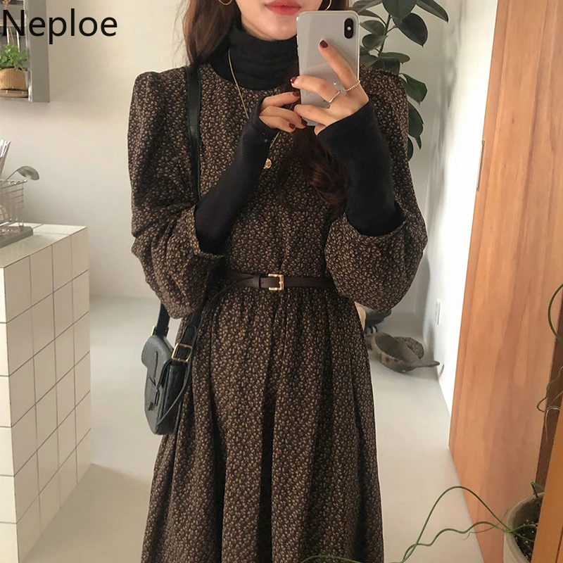 Neploe корейское шикарное платье с высокой талией и поясом принтом о-образный вырез