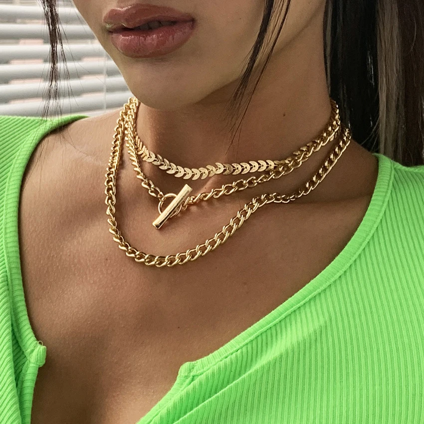 

3Pcs/Set Punk Layered Chain Necklace Lariat Lock Cuban Chain Gold Color Gothic Hiphop Men Rock Choker Necklace Collar Jewelry