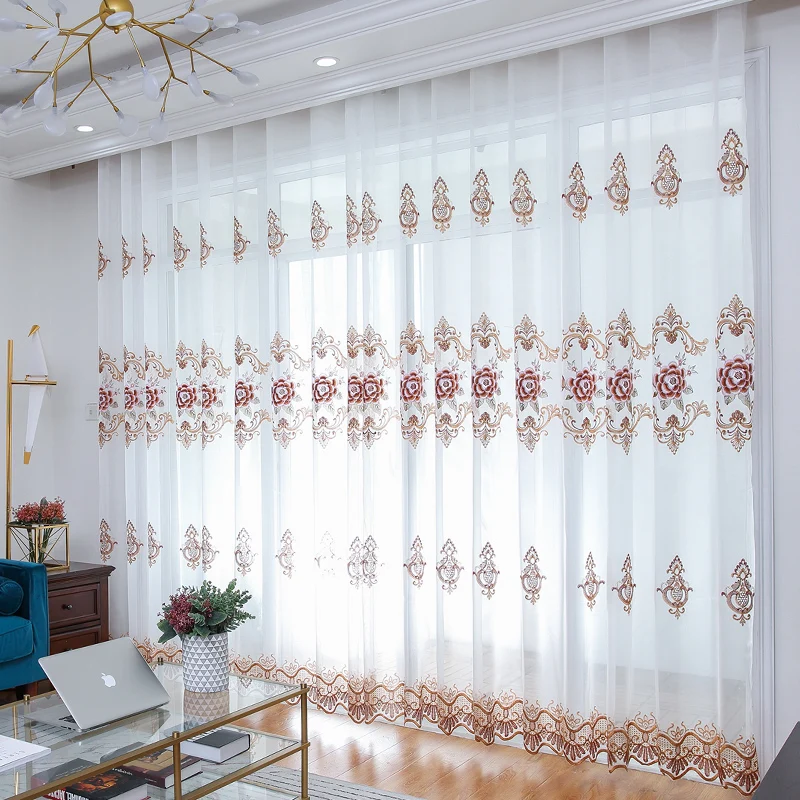 Прозрачные Занавески с вышивкой красных пионов для гостиной роскошные белые