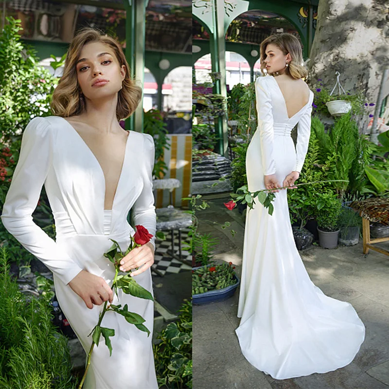 

Jiayigong 2022 Mermaid Wedding Dress New Bridal Gowns Long Sleeves Jersey Stretch Wedding Dresses Pleat Back V Sweep Train