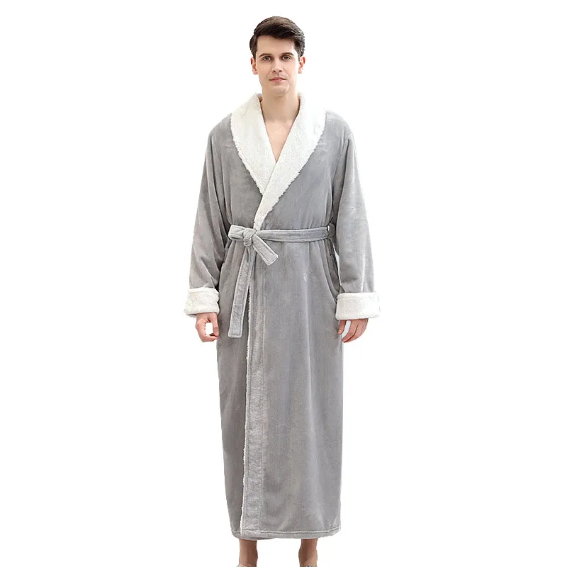 

Men's nightgown Oversized Fleece Dressing Gown Autumn Winter Home Robe Plus Velvet Warm Bathrobe For Men Thick Long Coat Robes