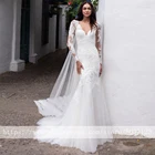 Женское свадебное платье с юбкой-годе, элегантное кружевное платье с V-образным вырезом, длинными рукавами и аппликацией, платье со шлейфом для невесты, 2021