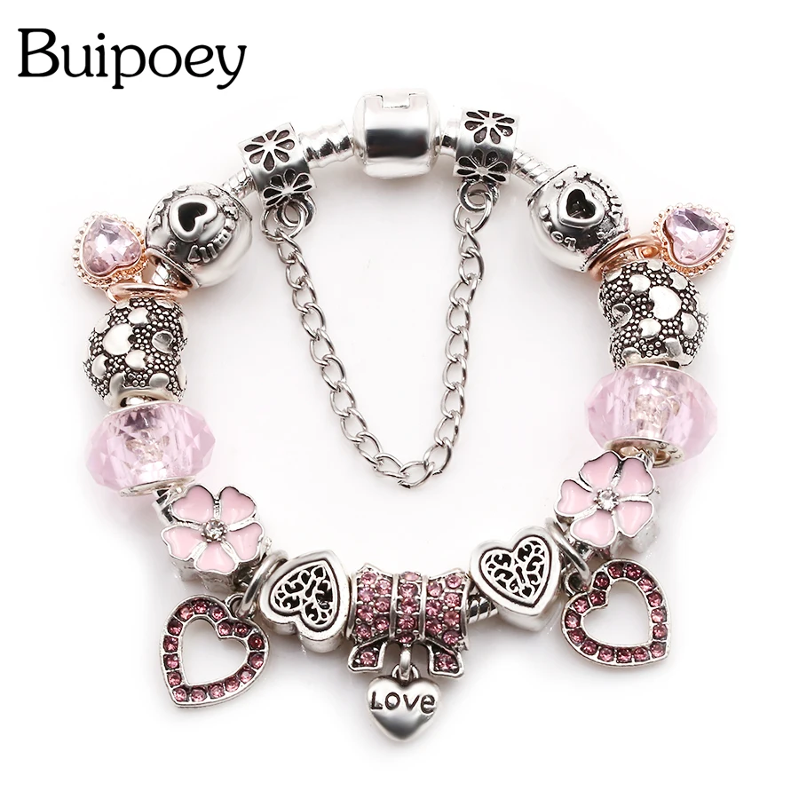 BuipoeyNew Fashion Rose Gold Love Bow Pendant Beaded Pink Crystal Beads Small Daisies Bracelet Bangle Female | Украшения и