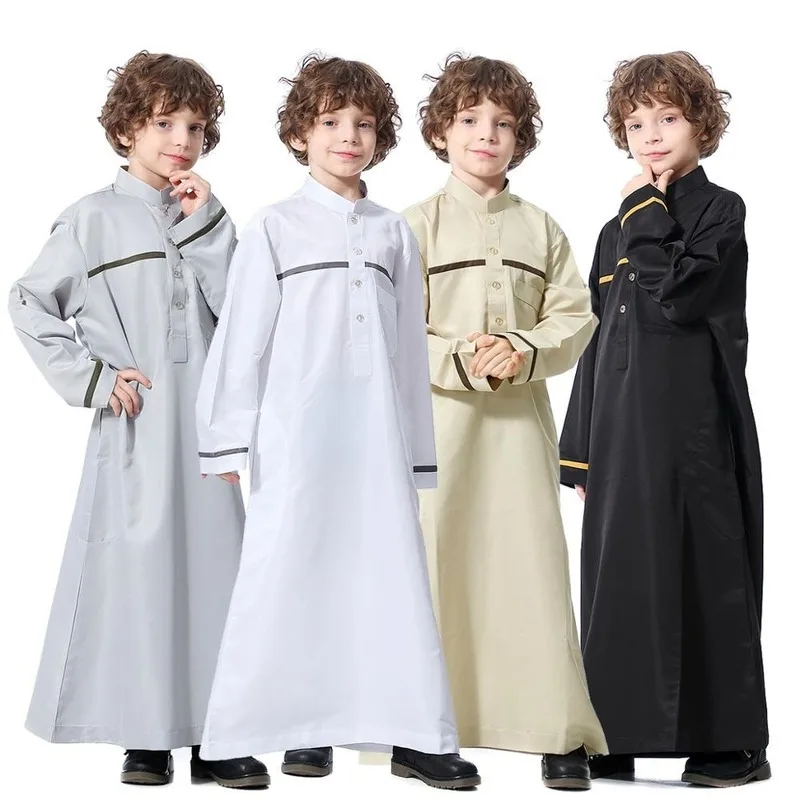 Dubai Arab Muslim Kids Abaya Jubba Thobe Boy Stand Collar Long Dress Caftan Children Islamic Robe Kaftan Ramadan Worship Service |