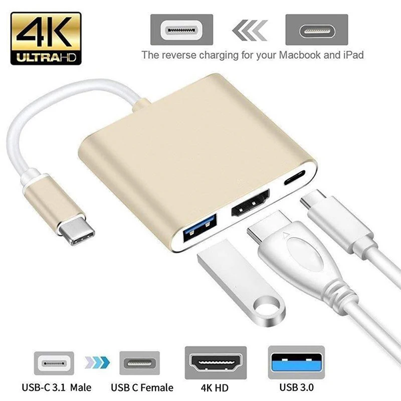 

3 in 1 USBC to HDTV Cable Converter for Apple Macbook Monitor 3.0 Type C Switcher 30Hz 4K Hab Adaptor Splitter OTG Dock Station