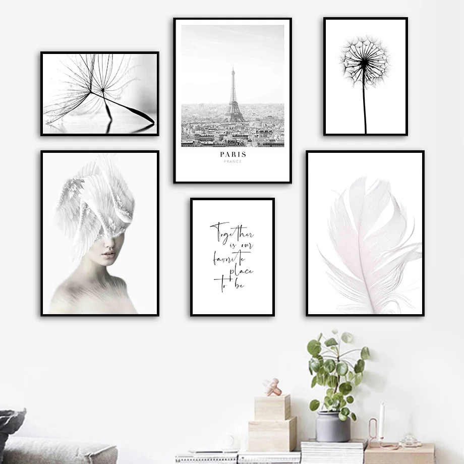 

Black White Feather Dandelion Girl Quote Wall Art Canvas Painting Nordic Posters And Prints Wall Pictures For Living Room Decor