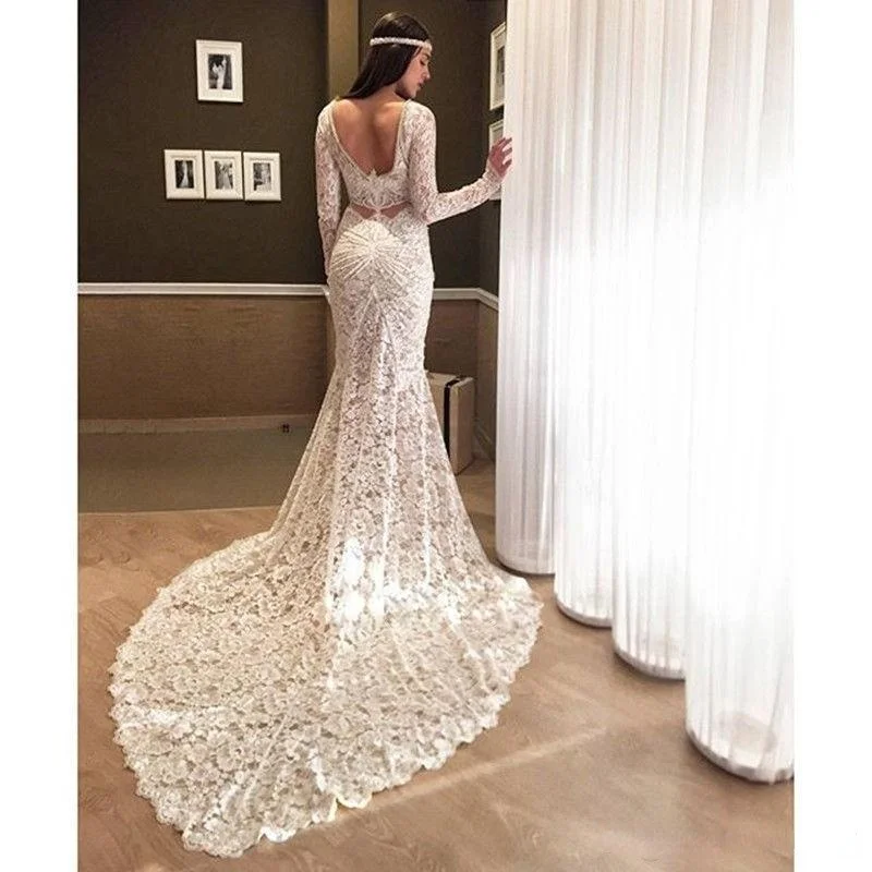 

Женское свадебное платье с юбкой годе, кружевное платье из двух предметов с длинным рукавом и V-образным вырезом, свадебное платье со шлейфо...