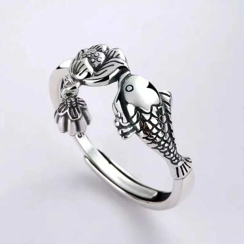 New Personality Creative Carp Lotus Silver Plated Jewelry Flower Fish Temperament Animal Opening Rings R339