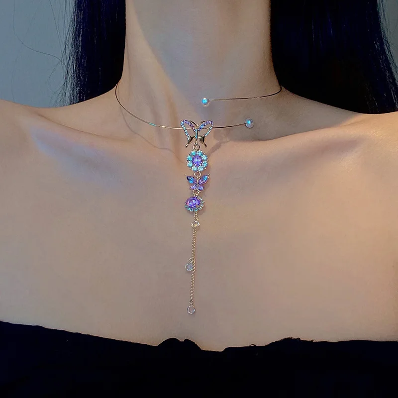 

Women's Choker Necklaces Trendy Adjustable Crystal Butterfly Pendant Torques Collar Ladies Party Necklace Jewelry Gifts