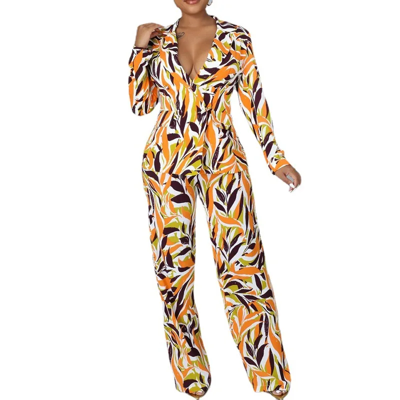 

Модный костюм с принтом и длинными рукавами, зима 2021, повседневный Африканский женский облегающий костюм, куртка, прямые брюки, костюм из дв...