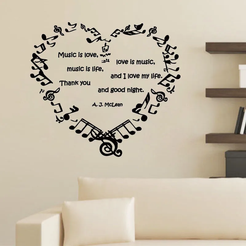 Настенная Наклейка с надписью Музыка сердце в музыкальных нотах|Наклейки на