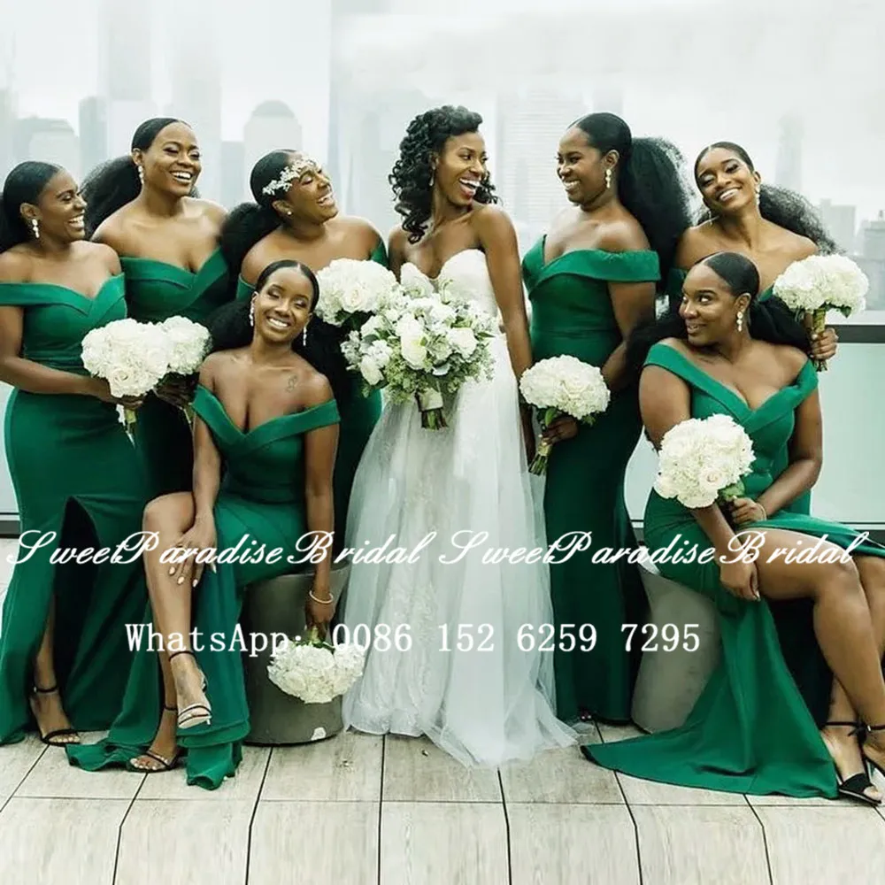 

Зеленое платье подружки невесты с юбкой-годе, длинное платье с открытыми плечами, с Боковым Разрезом, Африканское женское платье для гостей ...