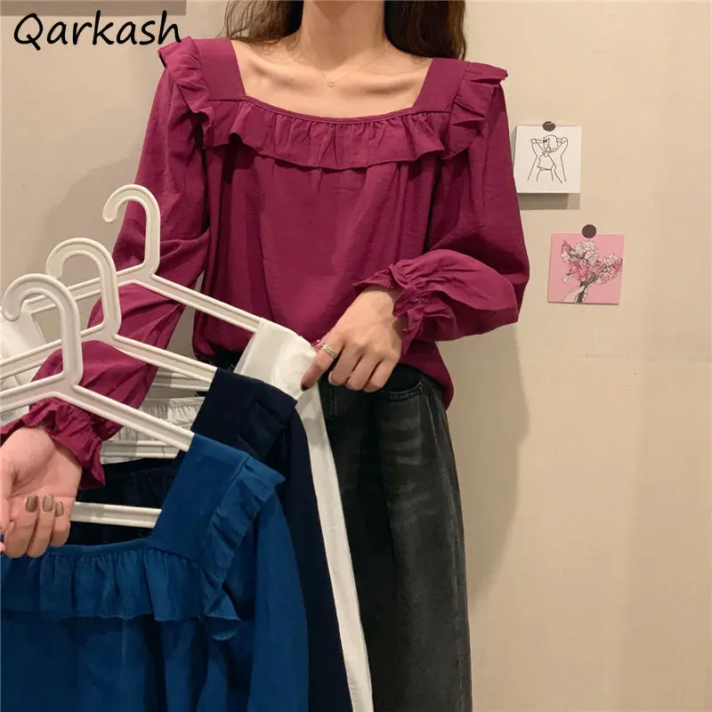 

Блузка женская повседневная с оборками, однотонная элегантная рубашка с длинными рукавами-бабочками, с квадратным вырезом, в винтажном сти...