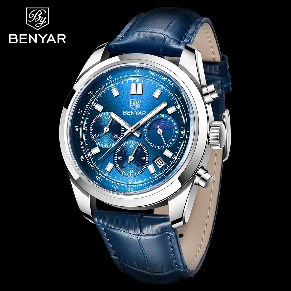 

BENYAR New Luxury Men Quartz Watches 50M Waterproof Leather Military Watches Casual Automatic Watch for Men Reloj Hombre