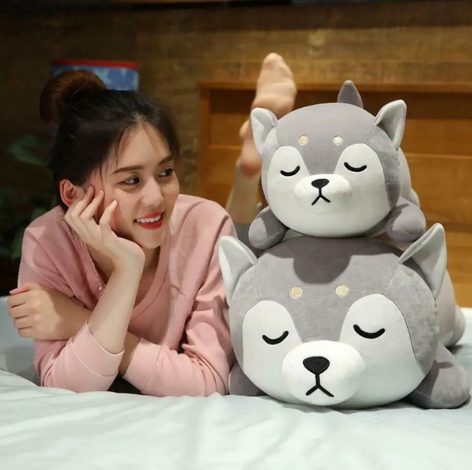 Большая плюшевая кукла Хаски Шиба ину серого цвета Мягкая Блестящая собака
