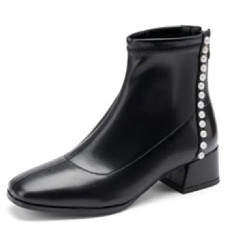 

Fanyuan Chelsea Boots Women Ankle boots Leather Flat Platform shoes Autumn fashion Round-toe Sweet Pearl Boots Lady shoes