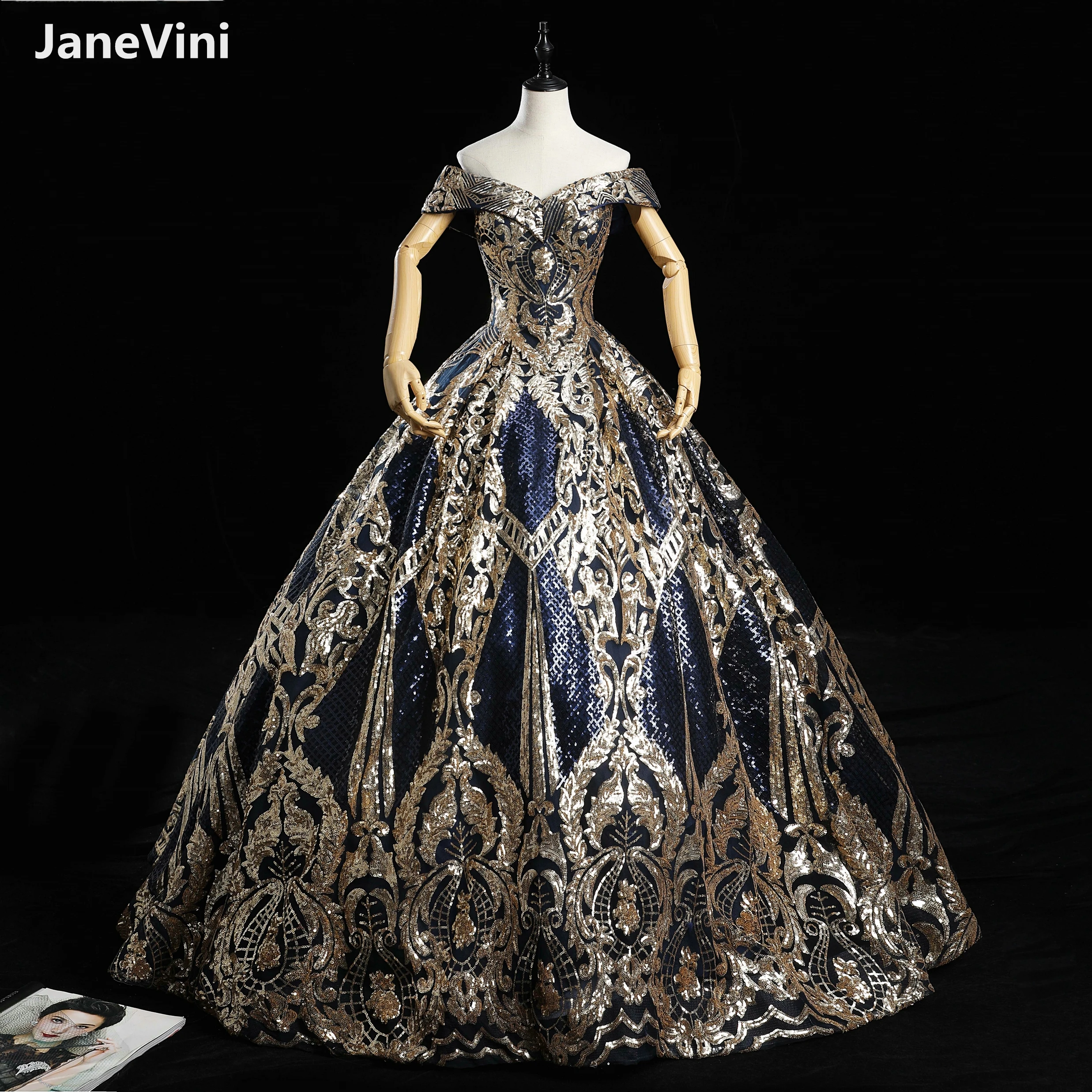 

JaneVini Luxury Navy Blue Puffy Ball Gown Evening Dresses 2020 Sparkly Sequins Off Shoulder Muslim Dress Women Formal Night Wear