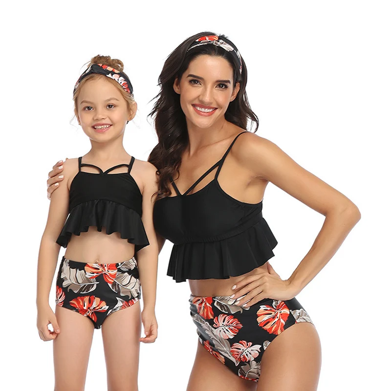 

2020 New Parent&Child Bathing Suit Sexy Bikini Women's High Quality Nylon Mother&Daughter Printed Swimwear Flounced Hem Swimsuit