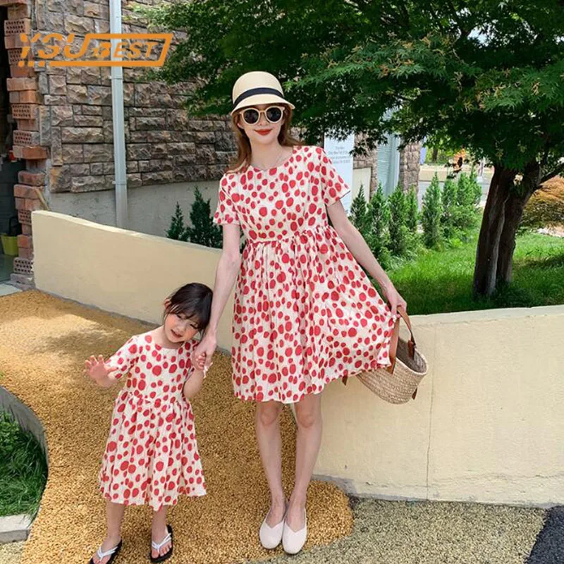 

Summer Fashion Family Mother and Daughter Short Sleeve Dot Dress Clothes Family Clothing Family Matching Outfits Dress