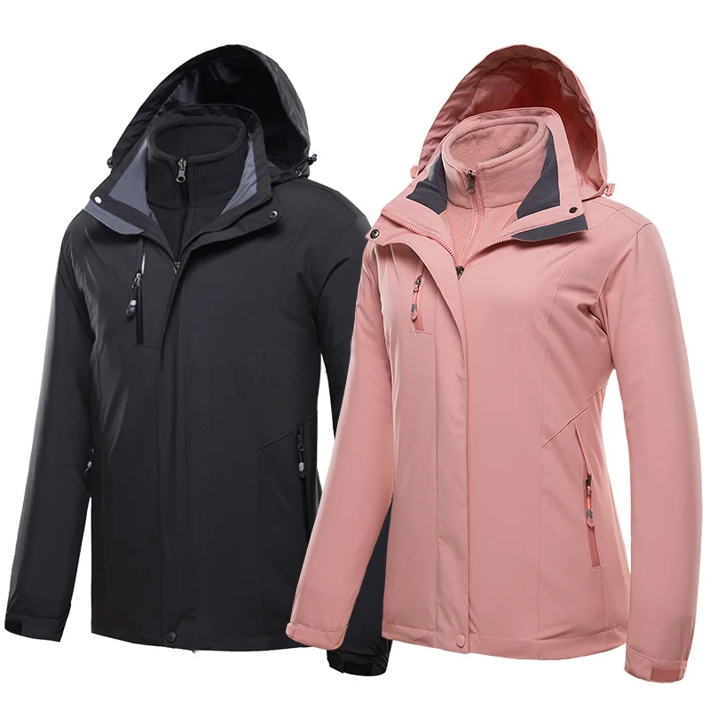 New 3 in 1 Skiing Hiking Jacket Men Women Waterproof Breathable Two-piece Plus Size Sport Windbreaker Winter Thermal Fleece Suit