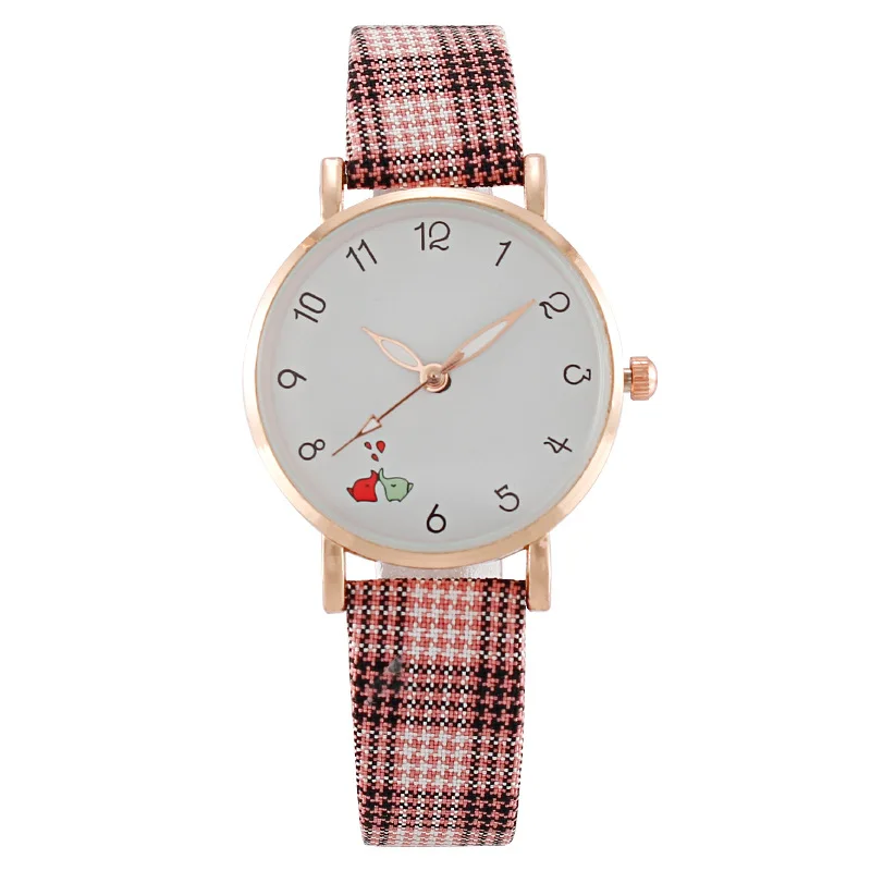 

Cartoon Female Watch Fashion Student Plaid Leather Strap Digital Ladies Quartz Watches Relojes Para Mujer Wristwatches For Women