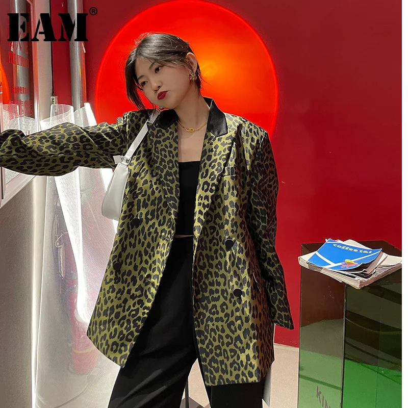 

[EAM] Women Green Leopard Printed Big Size Blazer New Lapel Long Sleeve Loose Fit Jacket Fashion Spring Autumn 2021 1DE0120