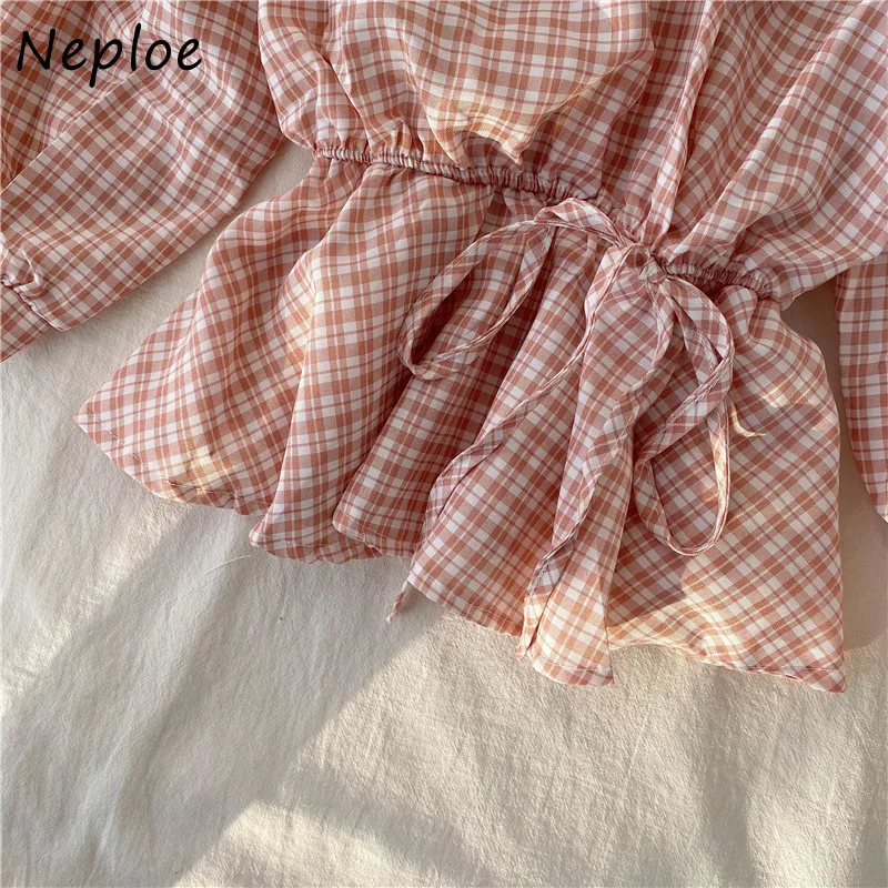 Женская блузка в клетку Neploe шикарная Корейская рубашка с V-образным вырезом