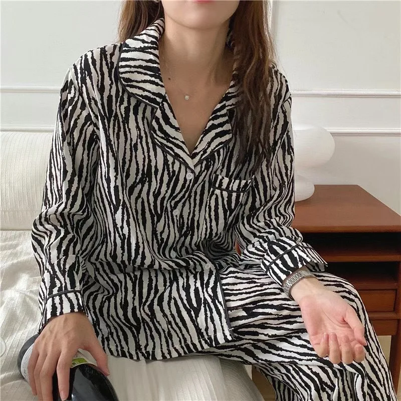 

Korean Style Plaid Printed Pajamas Set for Women 2021 Autumn Full Sleeve Long Pants 2 Pieces Set Casual Loose Sleepwear Homewear