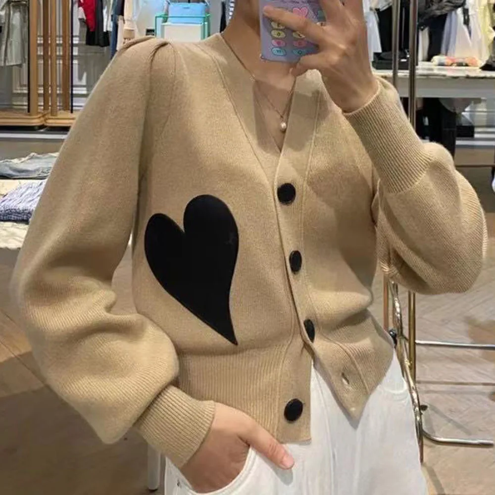 

Autumn New 2021 Womens Sweater Fashion Korea Puff Sleeve Single Breasted Love V-neck Solid Color Knitted Jacket Women