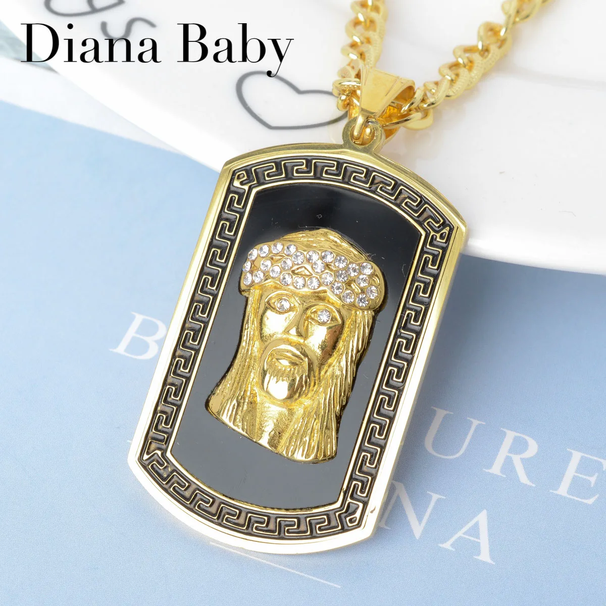 

Diana Baby Jewelry Christian Jesus Head Pendent Necklace Link Chain Rectangular Stainless Steel Black Oil Gold Plated For Man