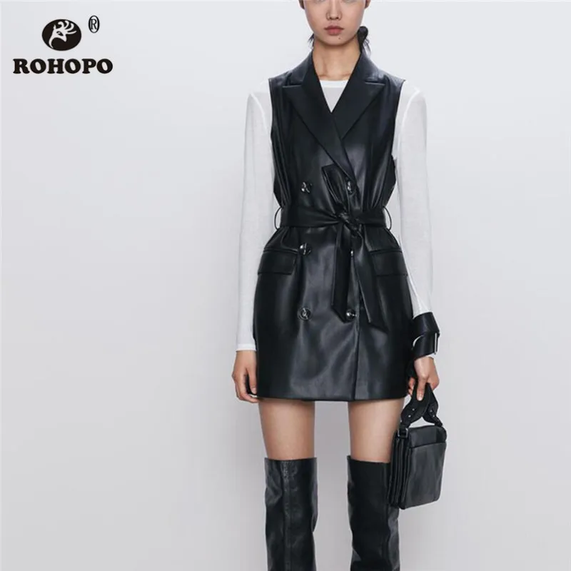 ROHOPO Черное мини-платье без рукавов из искусственной кожи с двойной грудью и