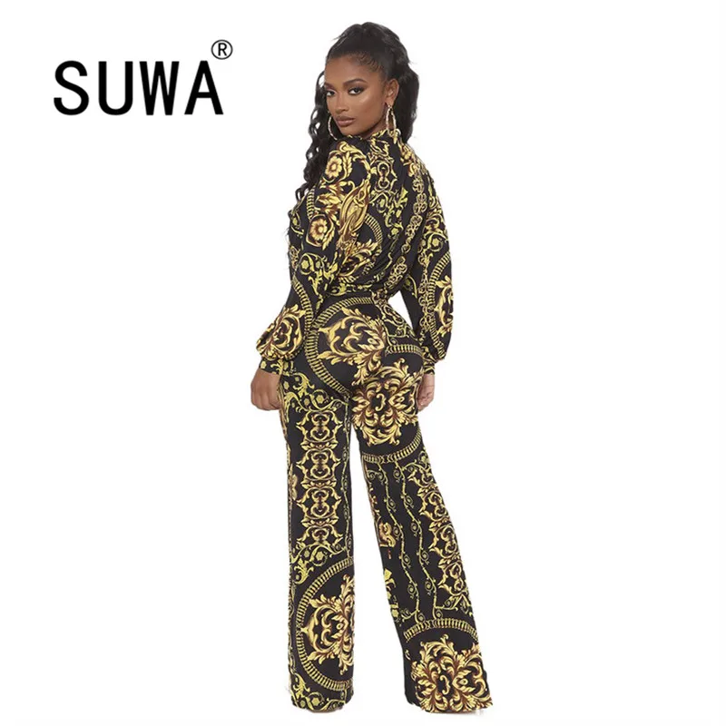 

Wholesale Clothing Vintage Casual Printed High Waist Wide Leg Pants Trousers Women Elegance Work Wear Jumpsuit Overalls