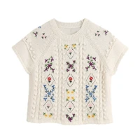 womens 2022 new fashion flower embroidered knitted sweater retro o neck loose flower hollow short sleeve womens pullover top