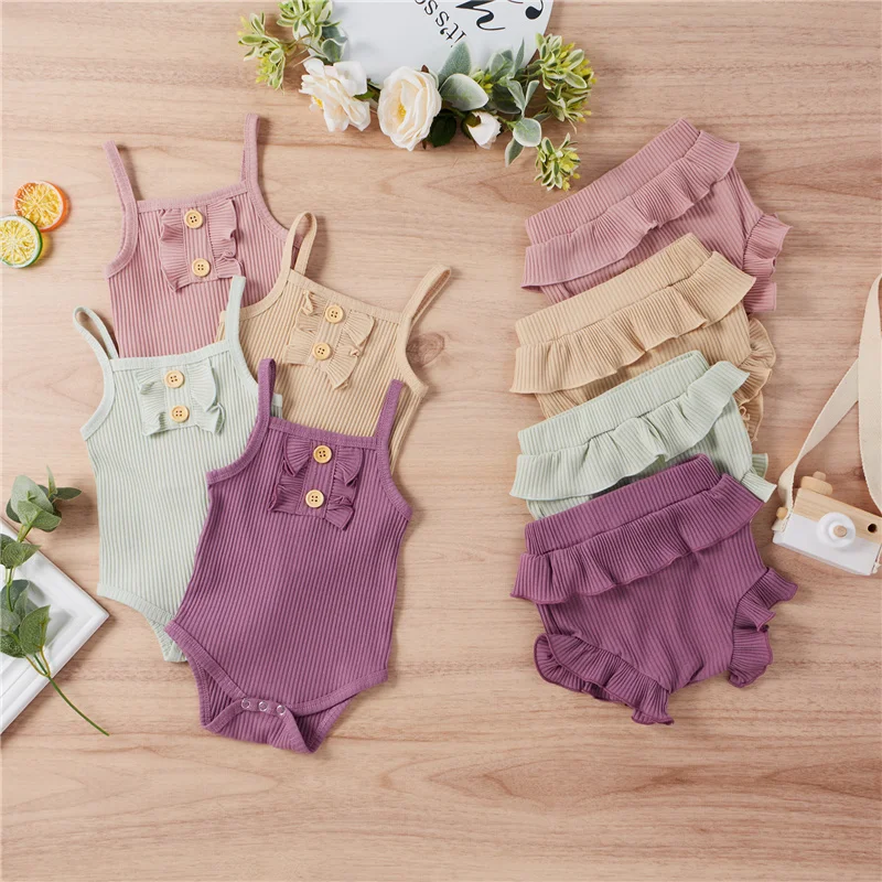 

4 Style Newborn Baby Girls Casual Sets Sleeveless Solid Color Romper and Shorts Set for Kid Girls 2Pcs Outfit