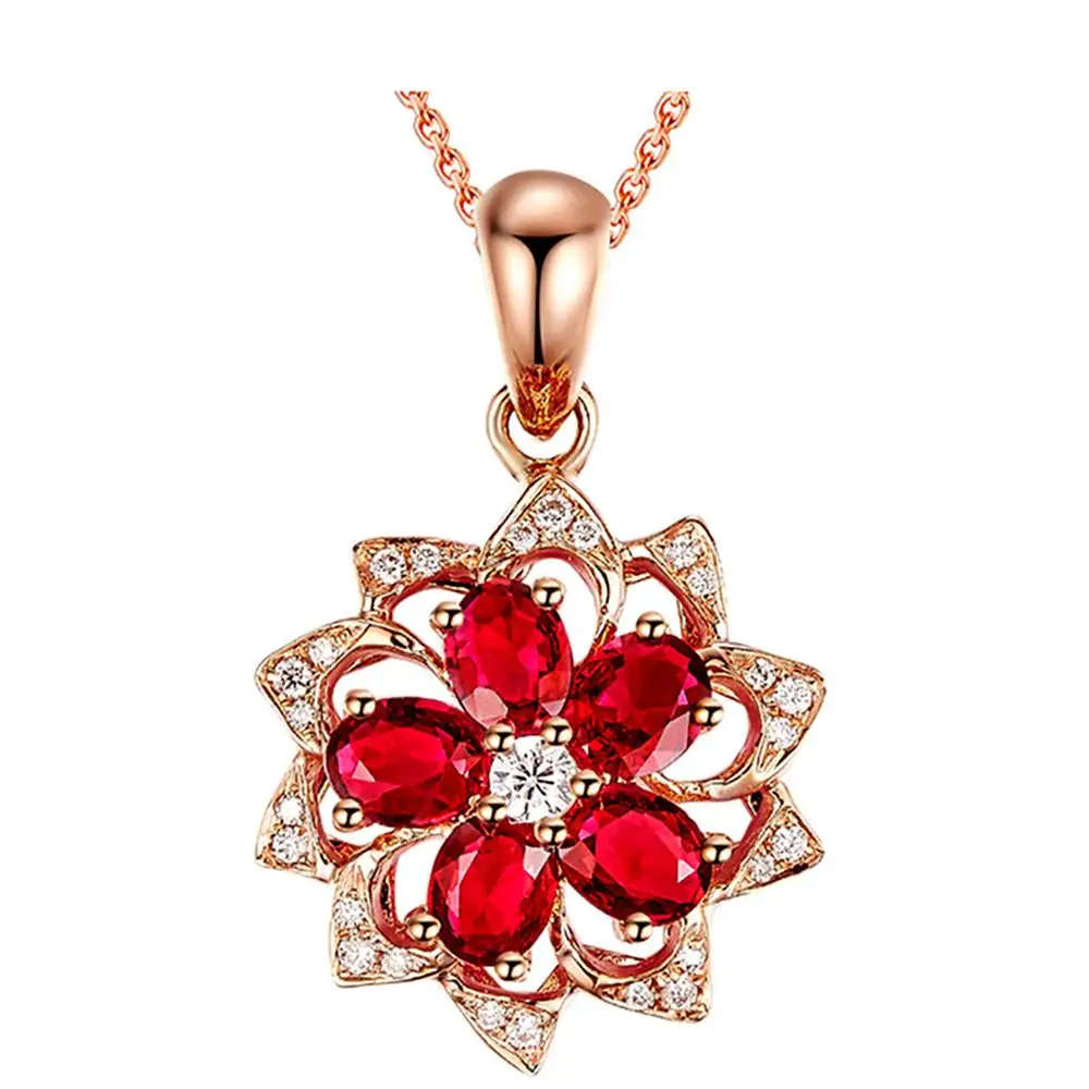 

New Ruby gemstones red crystal pendant necklaces for women luxury diamonds 18k Rose gold tone choker jewelry flower bijoux bague