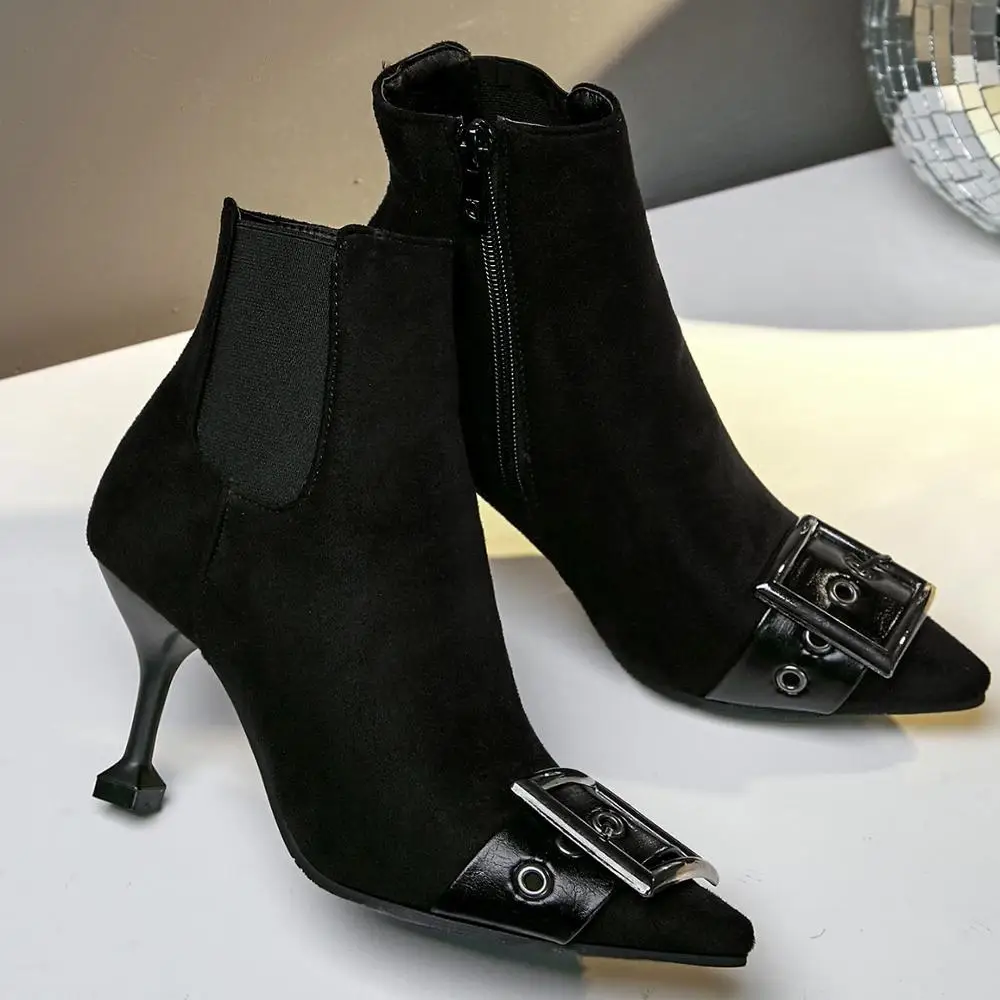 Кожаный ремень Ботильоны на ремешках с пряжкой женские сапоги высоком каблуке